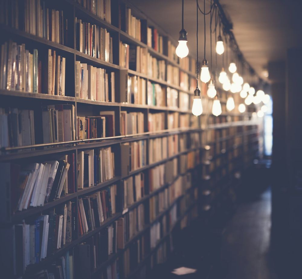 Long rows of library shelves lit by hanging bulbs