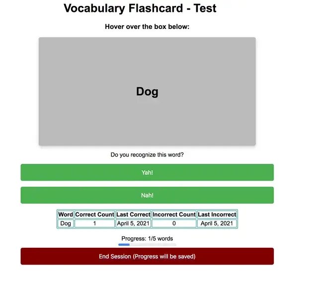 Word2Mem flashcard test screen